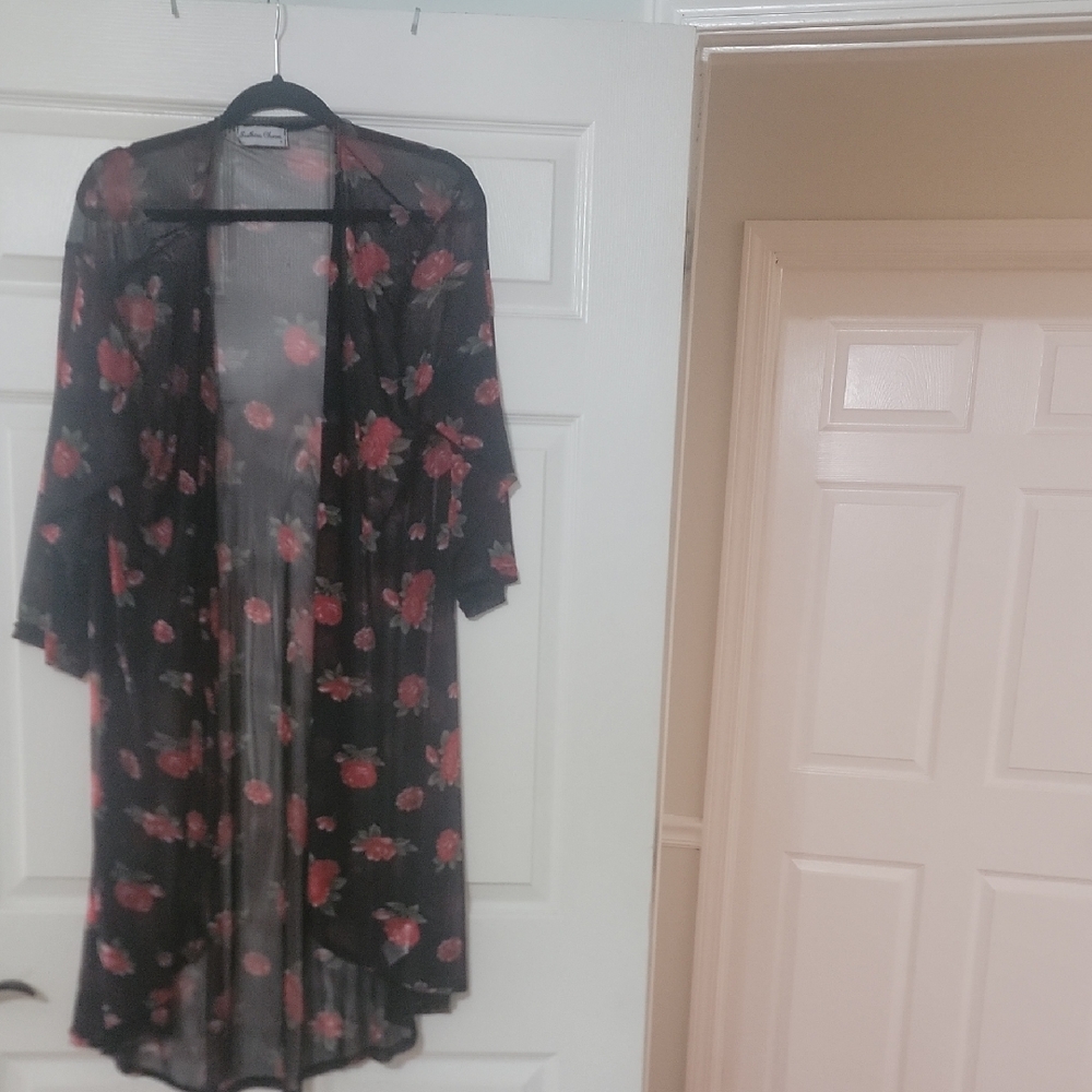 Floral Sheer Black & Red Kimono Cardigan